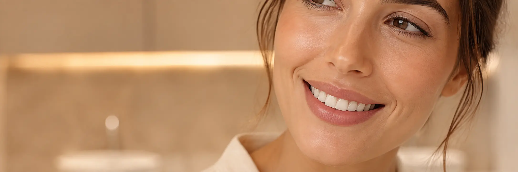 Mulher sorrindo em close, com a parede iluminada do studio desfocada ao fundo